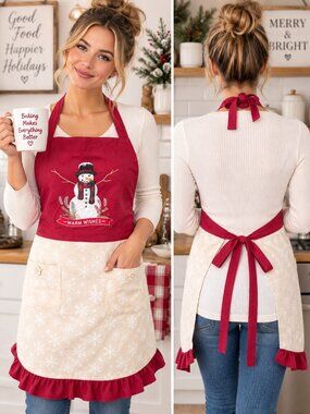 Christmas Snowman Apron Red Cream Snowflake Cotton Ruffle One Size